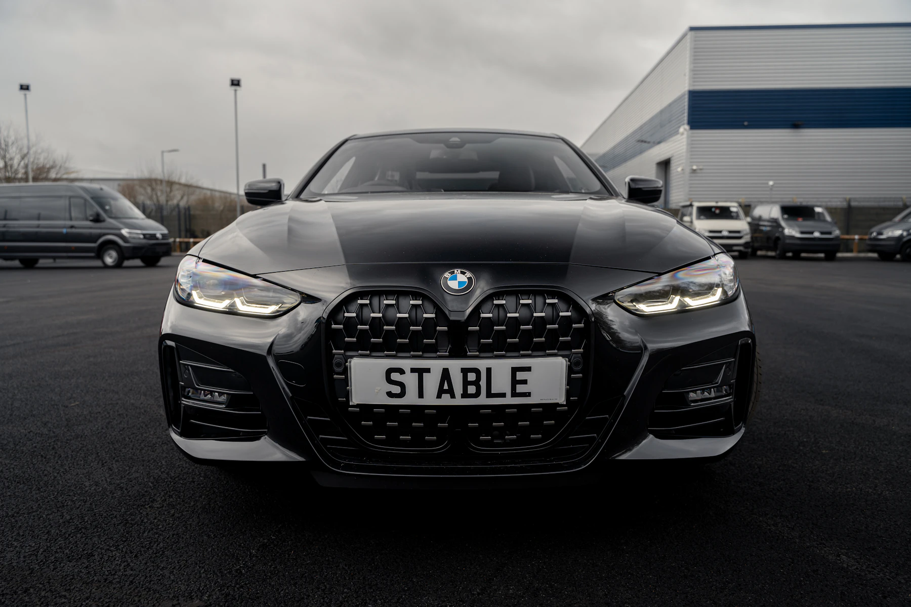 Head-on view of the illuminated kidney grille and headlights